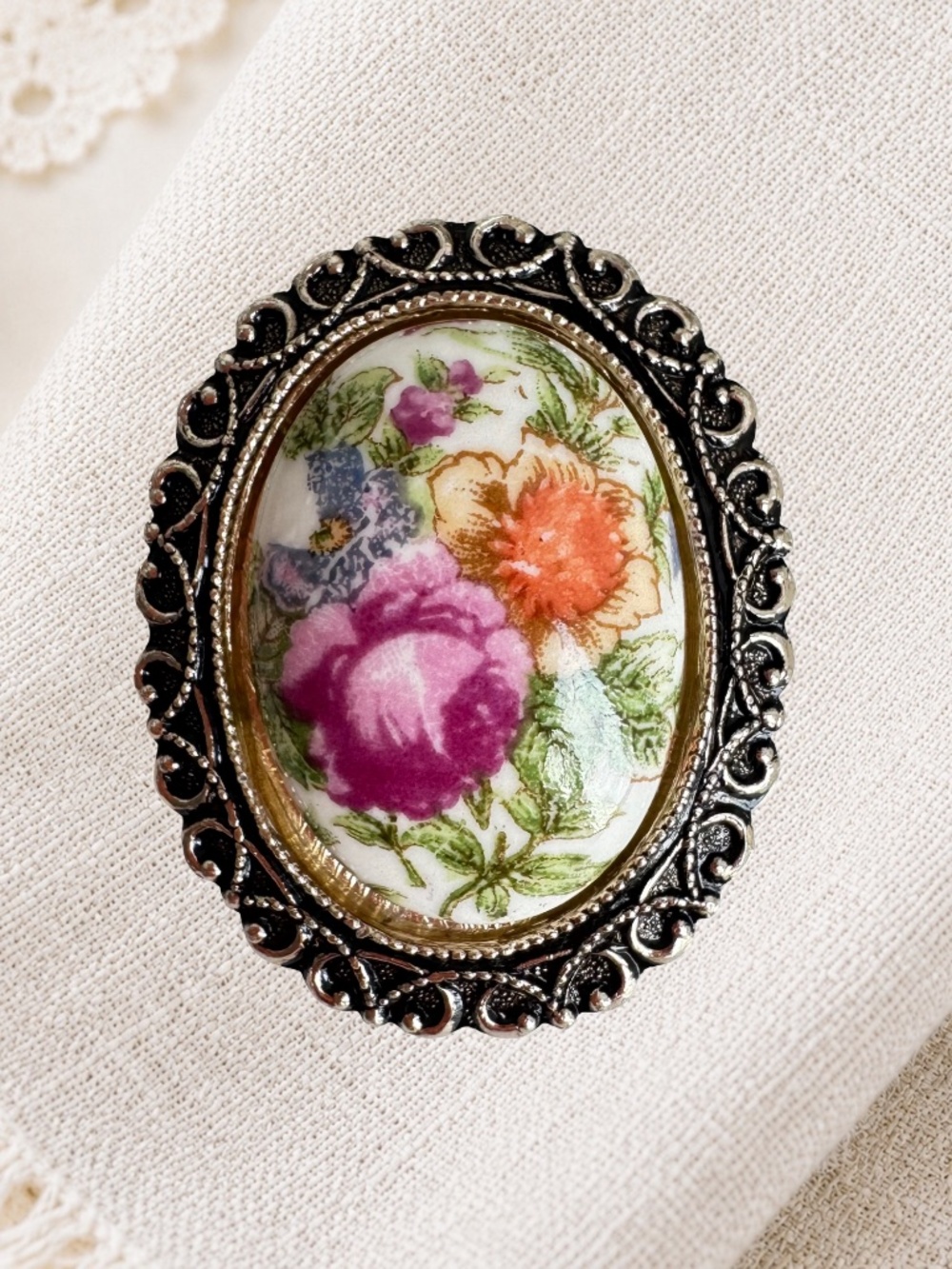 Vintage Porcelain Floral Brooch Silver Tone Filigree Oval Pin Victorian Revival